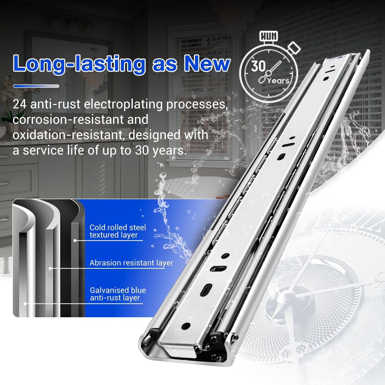 Heavy Duty Drawer Slides Full Extension Side Mount 14 16 18 20 22 24 26 28 30 32 34 36 40 Inch 150 Lbs Metal Dresser Cabine Rails Tracks Glides Runner 1 Pair (Without Lock, 14 Inch)